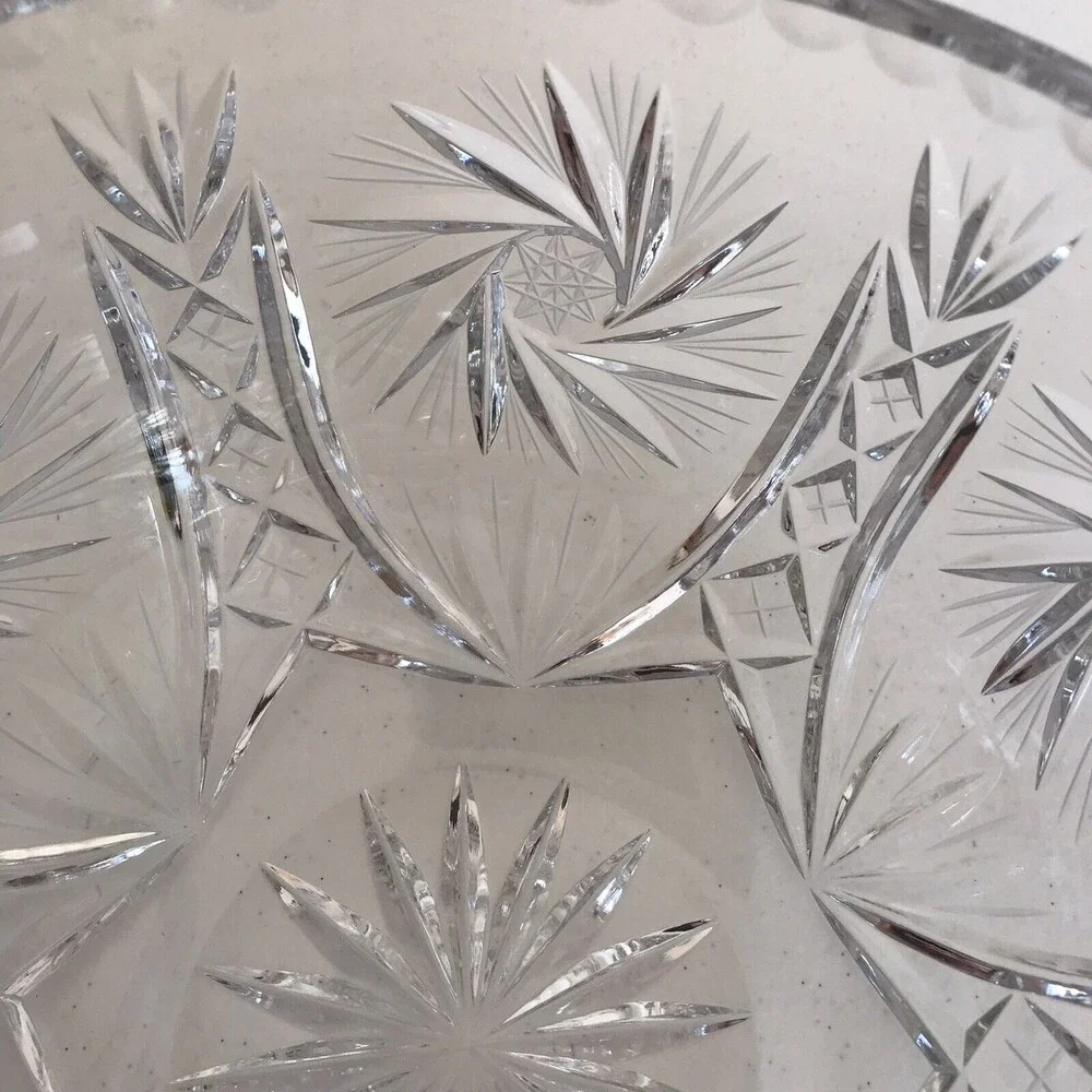 Vintage Brilliant Cut Crystal Centerpiece Serving Bowl Pinwheel Starburst Swirl